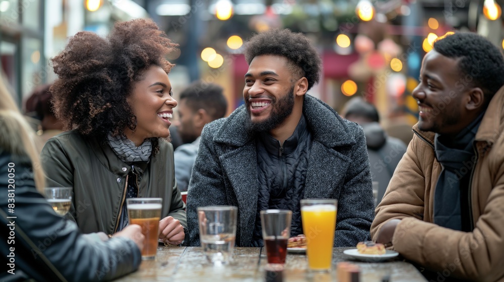 Diverse friends enjoying drinks and conversation at outdoor cafe. Diverse friends enjoying drinks and conversation at outdoor cafe.