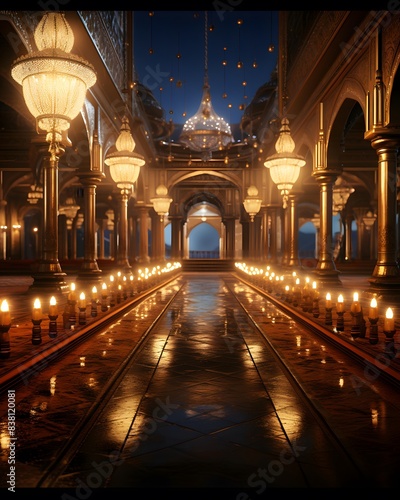 Interior of Grand Mosque at night, Kuala Lumpur, Malaysia.