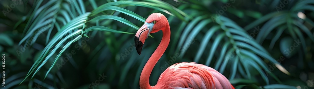 Fototapeta premium A vibrant pink flamingo gracefully standing in front of a palm leaf backdrop
