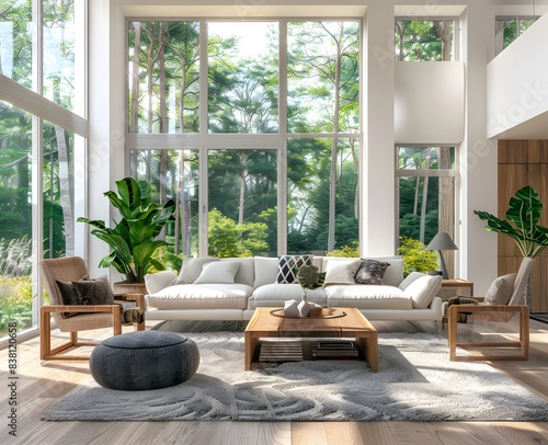 Modern living room interior with large windows