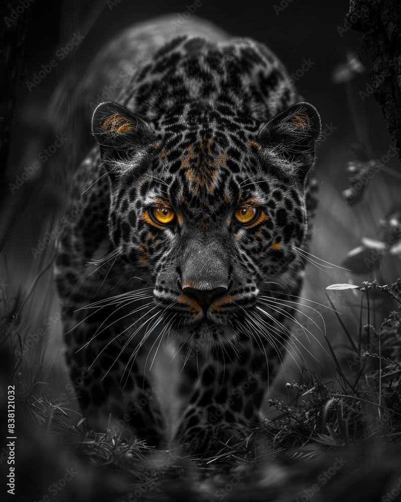 Award-Winning Black and White Wildlife Photo of a Fierce Leopard: Standing Strong and Proud with Golden Glowing Eyes Emerging from a Dark Black Background Award-Winning Black and White Wildlife Photo of a Fierce Leopard: Standing Strong and Proud with Golden Glowing Eyes Emerging from a Dark Black Background