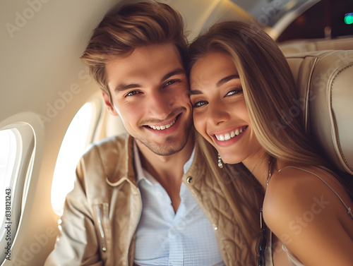 A man and a woman in love are sitting on a plane ready for a trip, honeymoon