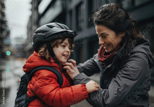 A mother is helping her child put on a helmet for an electric bike ride, with black buildings in the background and modern urban streets.  © Kien