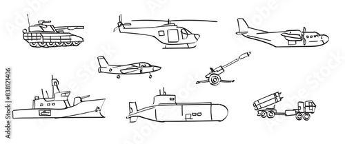 black and white military army warfare vehicle set collection hand drawing plane tank battleship submarine helicopter