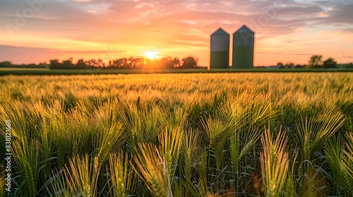 A serene  vibrant photograph of grain silos in the background against an expansive green field under the golden sunset sky. with clear skies and a tranquil atmosphere.