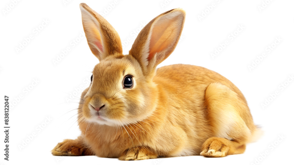 Fototapeta premium a rabbit with big ears, sitting on a white background. The rabbit's fur looks smooth and shiny, and its eyes are open