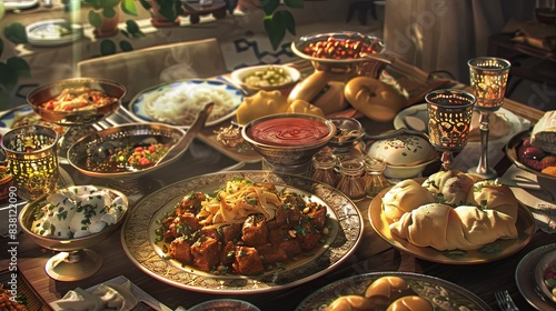 A lavish spread of Middle Eastern cuisine featuring various dishes and ornate tableware