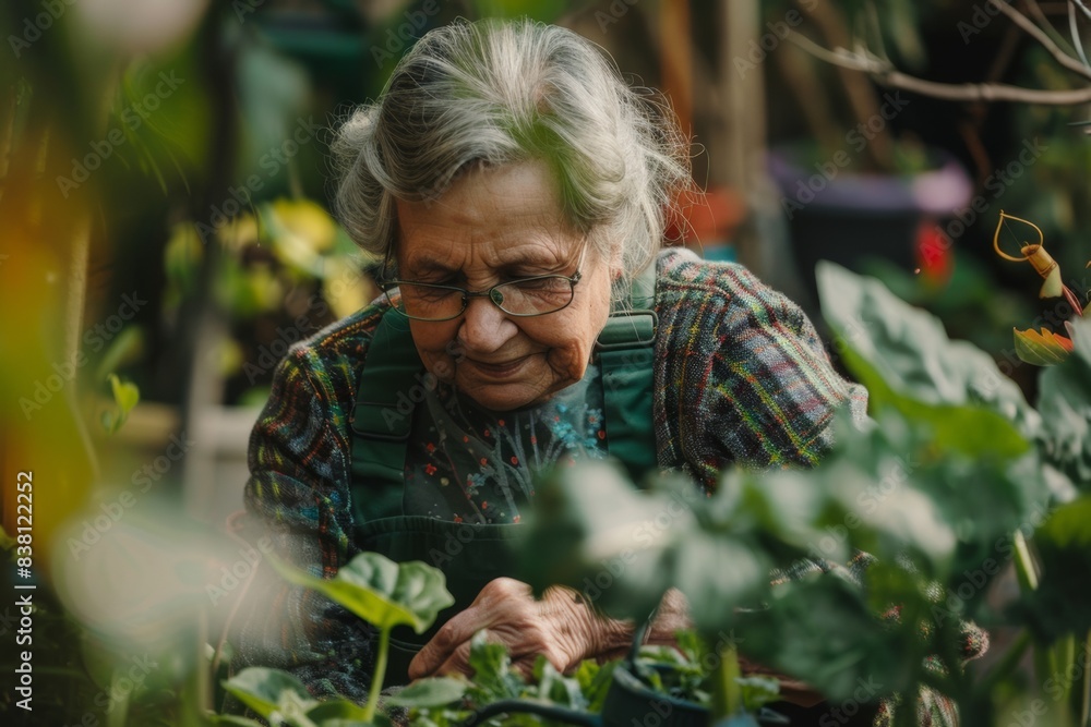 Fototapeta premium senior woman gardening at home, taking care of garden hobby. Growing vegetables at terrace or balcony, retired people activity