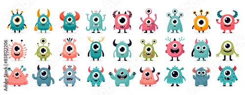 Funny isolated set of cartoon monsters with smiling faces and colorful designs for childrens storybooks, educational materials, friendly room decor, prints on kids clothing.