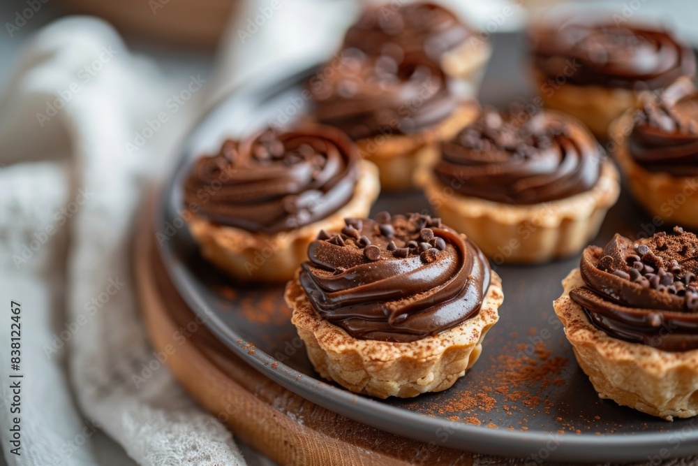 Mini Chocolate Pies Arranged On A Tray, Closeup, Confectionery Advertising Concept Mini Chocolate Pies Arranged On A Tray, Closeup, Confectionery Advertising Concept