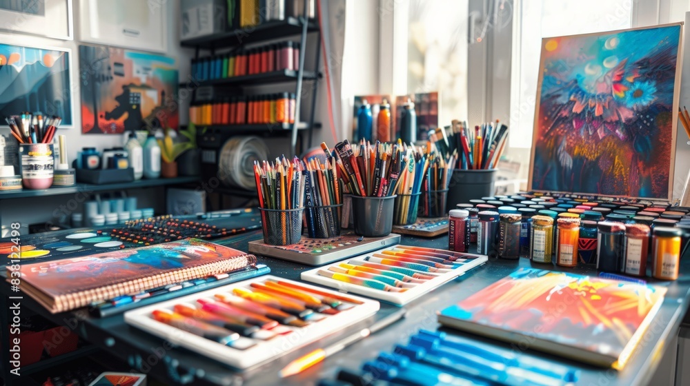 Creative Workspace with Digital Tools: Capture a vibrant and organized creative workspace, focusing on digital tools, sketchbooks, Creative Workspace with Digital Tools: Capture a vibrant and organized creative workspace, focusing on digital tools, sketchbooks,
