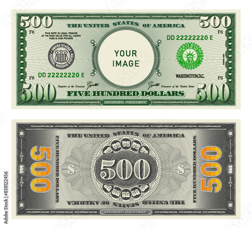 Vector highly detailed fictional beautiful 500 US dollar banknote. Obverse and reverse of American bill with guilloche patterns. Empty circle in center. Sample, your image. Five hundred dollars.