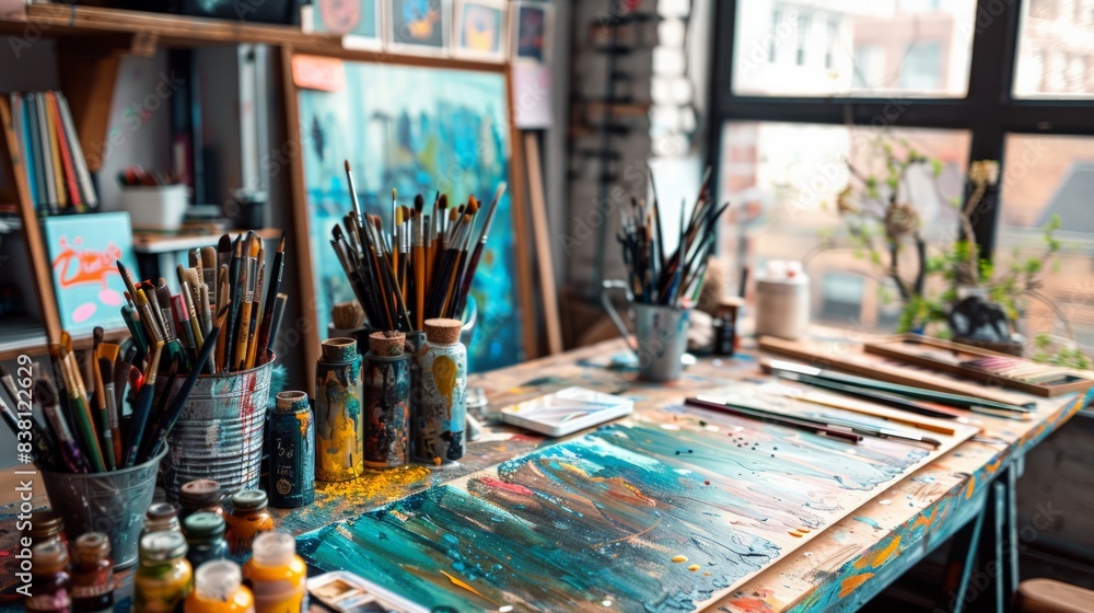 Creative Workspace with Digital Tools: Capture a vibrant and organized creative workspace, focusing on digital tools, sketchbooks, Creative Workspace with Digital Tools: Capture a vibrant and organized creative workspace, focusing on digital tools, sketchbooks,