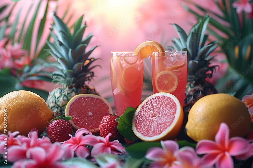 Two glasses of tropical drinks amidst vibrant fruits and flowers with a warm glow Two glasses of tropical drinks amidst vibrant fruits and flowers with a warm glow