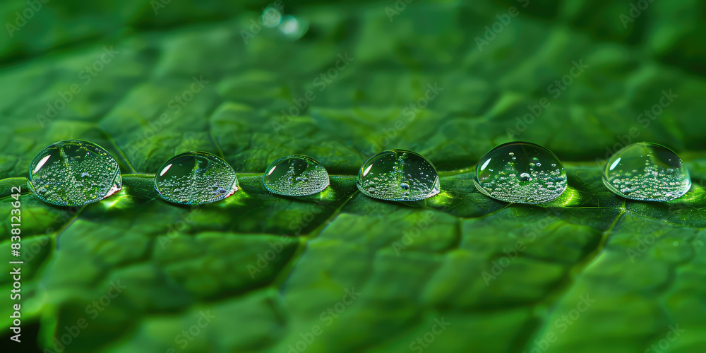 Macro closeup of Green leaf with morning dew drops at dawn. Natural organic abstract background of foliage. Macro closeup of Green leaf with morning dew drops at dawn. Natural organic abstract background of foliage.