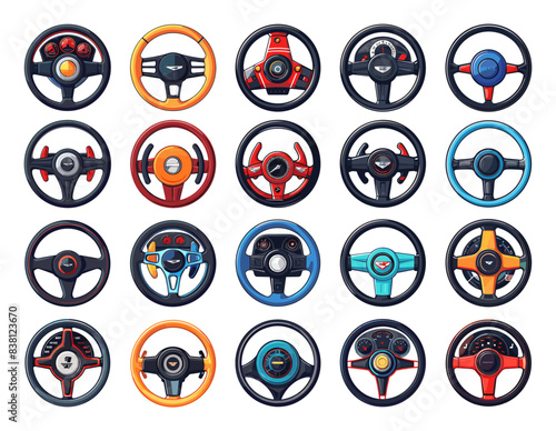Flat Sports Car Steering Wheels Icon Set. Various Types of Steering Wheels. Simple Vector Illustrations on White Background. Automotive Design, Racing, Vehicle Controls, Driving, Modern Automobiles