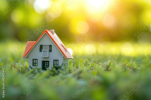 home model and life concept on green grass with sunlight