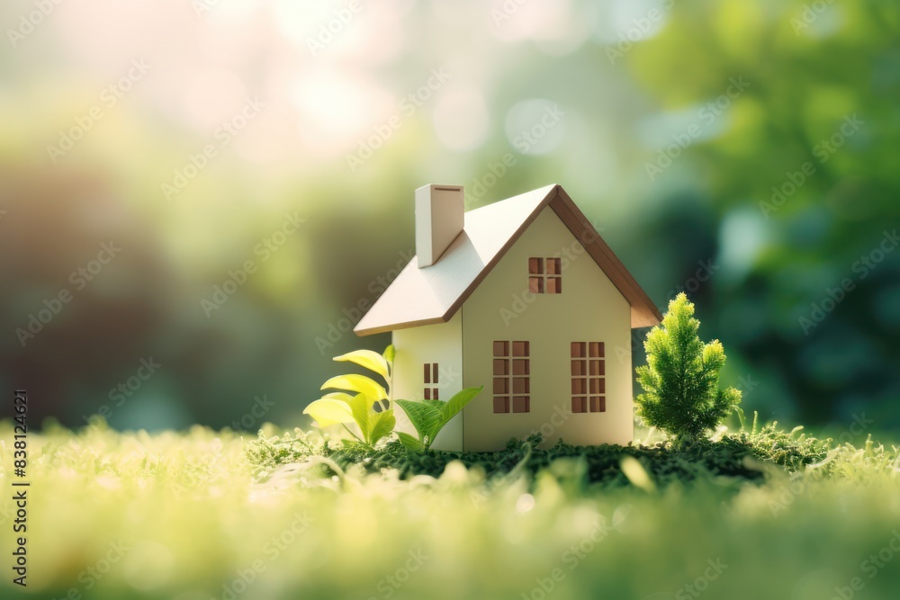 home model and life concept on green grass with sunlight home model and life concept on green grass with sunlight
