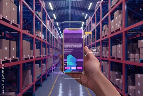 Package picking and delivery are identified by a smart warehouse management system that uses augmented reality technology. Concept of the future for logistics and supply chains, Generative AI.