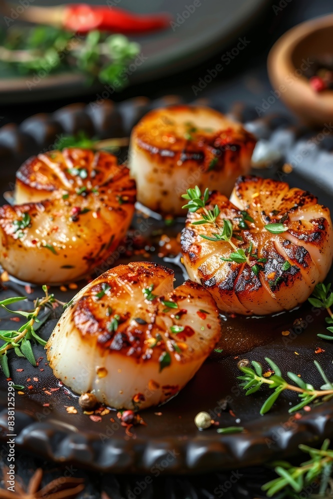 Grilled scallops garnished with herbs and spices Grilled scallops garnished with herbs and spices