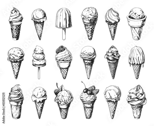 Ice Cream Engraving Style Set. Low Detail, Crisp Contours. Line Sketch on White Background. Vintage, Dessert, Retro, Hand-drawn, Sweet Treats, Frozen Dessert, Illustrations
