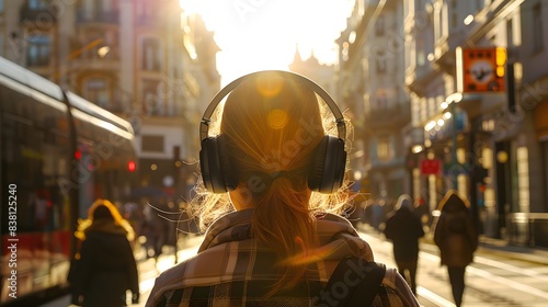 A woman in her thirties, wearing headphones and walking towards the train station with backlighting. enjoying music on her wireless earphones while waiting for public transportation.