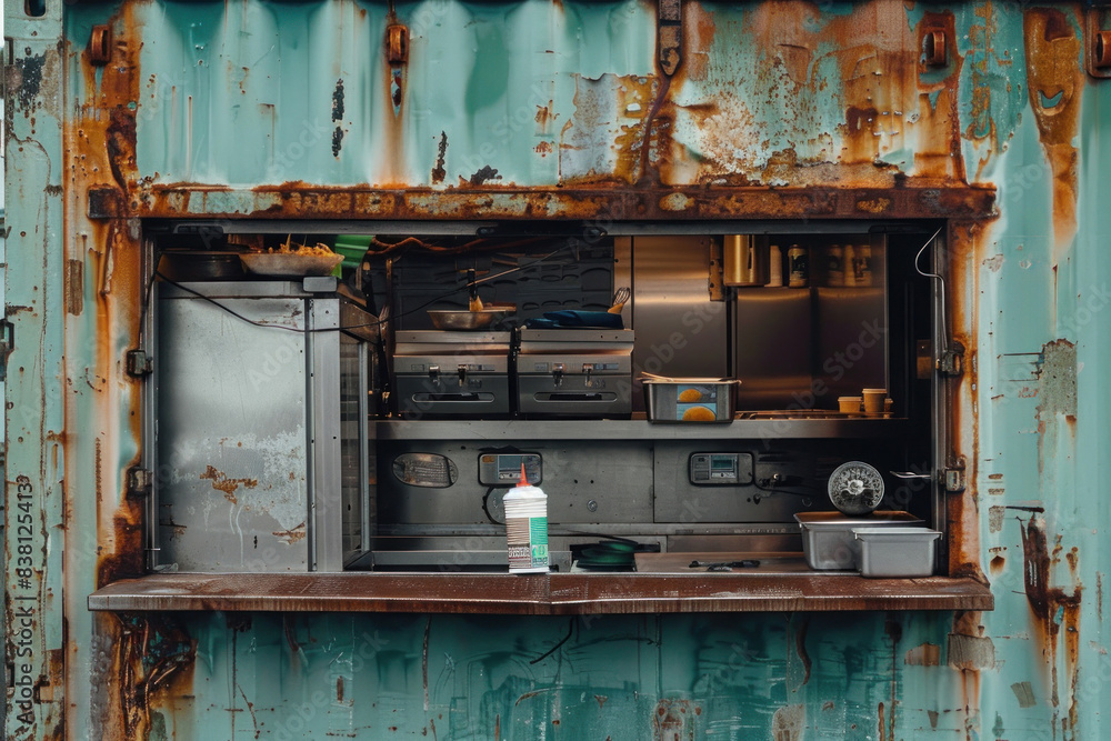 A weathered turquoise shipping container converted into a rustic food stall, with visible rust and a simple kitchen setup