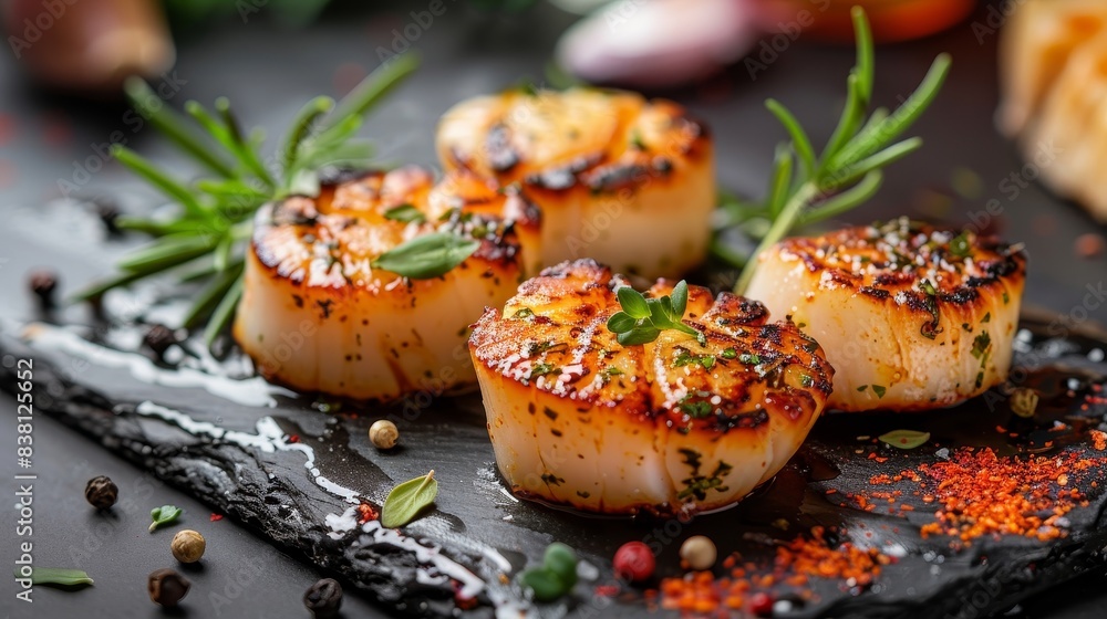 Grilled scallops garnished with herbs and spices Grilled scallops garnished with herbs and spices