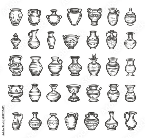 Set of antique pottery in outline style. Simple vector icons on a white background. Pottery items vases jars and bowls. Classic and elegant pottery collection
