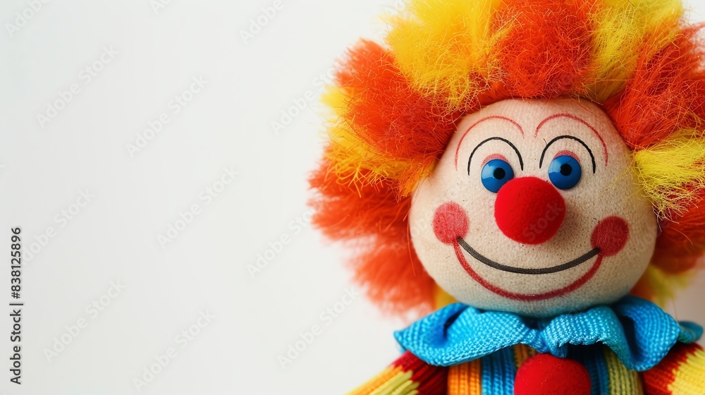 Isolated image of a cheerful toy clown with a big smile, bright colors, and soft textures, set against a white background, perfect for childrens playtime Isolated image of a cheerful toy clown with a big smile, bright colors, and soft textures, set against a white background, perfect for childrens playtime