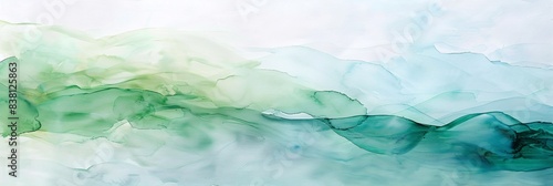 An abstract watercolor painting inspired by nature, featuring soft green and blue tones that blend seamlessly to evoke a sense of peace and natural beauty