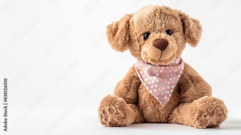 Obraz premium Isolated image of a plush toy dog with a cute bandana, soft and cuddly, set against a white background, ideal for childrens comfort and imaginative play