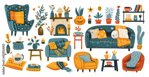 Set of cozy home elements. Simple vector illustrations on a white background. Various household items pillows blankets candles plants. Charming and inviting home decor collection