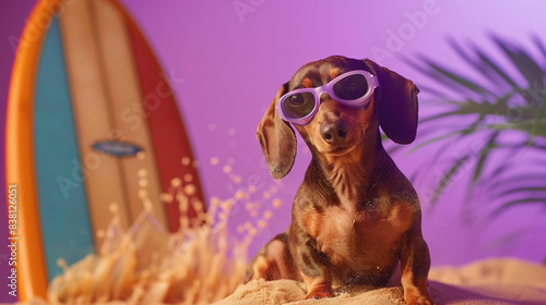 Dachshund on the beach on a sapboard wearing swimming goggles photo