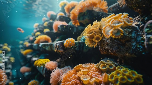 Closeup of vibrant corals being attached to an artificial reef, natural light, realistic, underwater photography © Ratchada