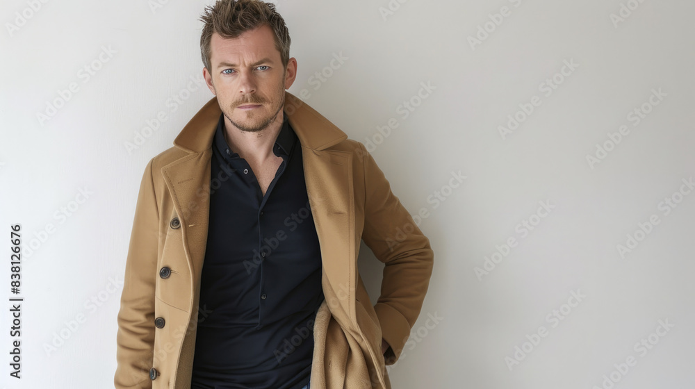 Fototapeta premium An elegant man in a trench coat exudes a strong sense of confidence and style, posing seriously against a neutral wall