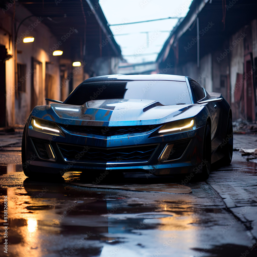 Obraz premium robust and sports car in abandoned environment