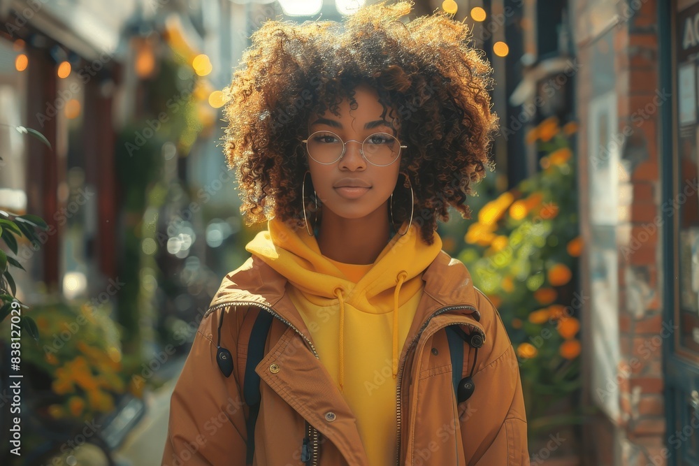 Photo of a confident, stylish young woman in yellow attire in an urban setting Photo of a confident, stylish young woman in yellow attire in an urban setting