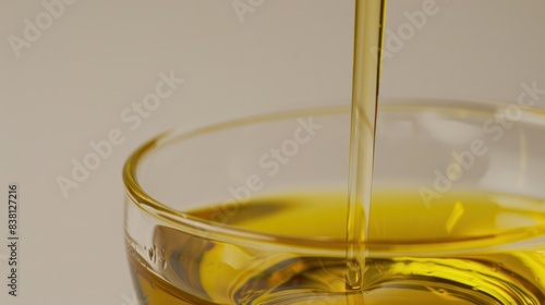 Olive oil pour in cup glass white wall background