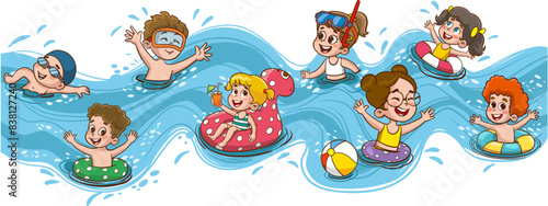  cute kids having fun in swimming pool at summer camp. Children having fun in backyard. Kids playing in swimming pool outdoors. Summer camp activities with water splash. Summer background.