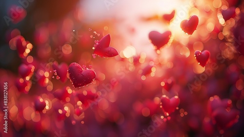 Romantic sunset with glowing red hearts floating in the air, symbolizing love and passion with a dreamy bokeh backgroundheart