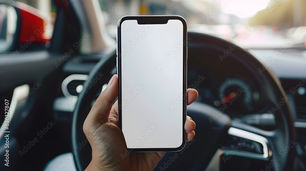 driver hand hold white blank screen mobile phone in a car , steering wheel background driver hand hold white blank screen mobile phone in a car , steering wheel background