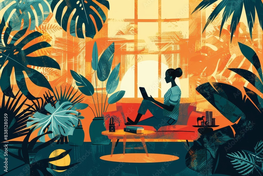 Vibrant illustration of a person working on a laptop in a cozy, plant-filled interior with warm colors Vibrant illustration of a person working on a laptop in a cozy, plant-filled interior with warm colors
