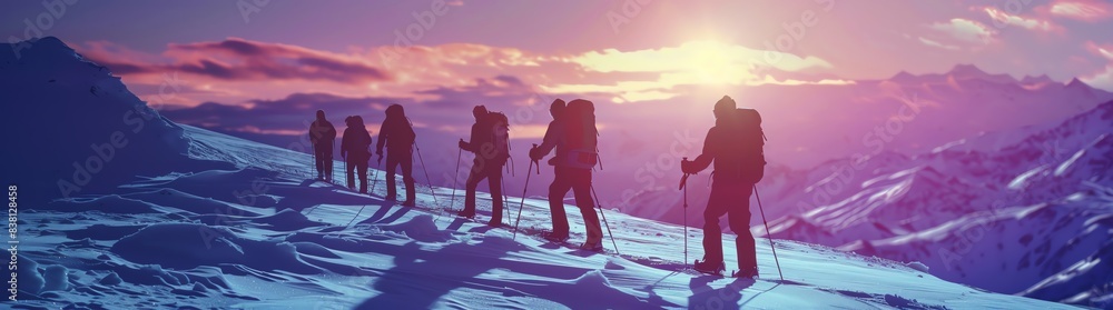 double exposure of digital identity, group of people hiking in the mountains with snow, silhouette, futuristic landscape background double exposure of digital identity, group of people hiking in the mountains with snow, silhouette, futuristic landscape background