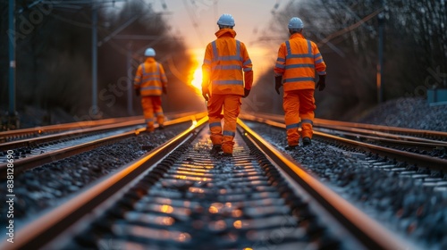 Group of Railway Workers Conducting Track Maintenance at Sunrise