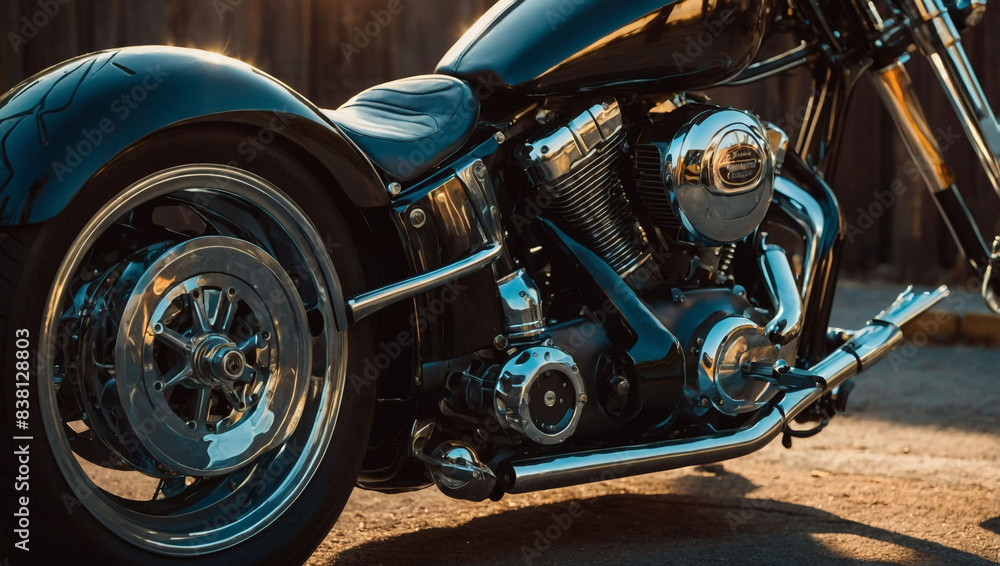 Sleek chopper motorcycle, gleaming under the sunlight with its customized frame and extended front forks. Sleek chopper motorcycle, gleaming under the sunlight with its customized frame and extended front forks.