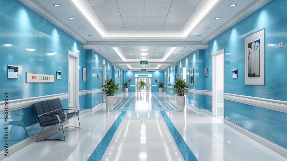 A Modern Hospital Corridor with a Blue and White Color Scheme and a Bench for Patients and Visitors A Modern Hospital Corridor with a Blue and White Color Scheme and a Bench for Patients and Visitors