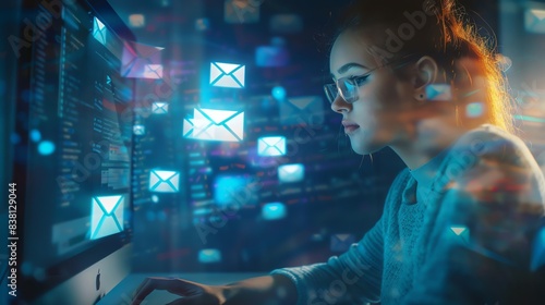 Double exposure of woman working on computer and mailbox icons with email messages in the background, professional photography