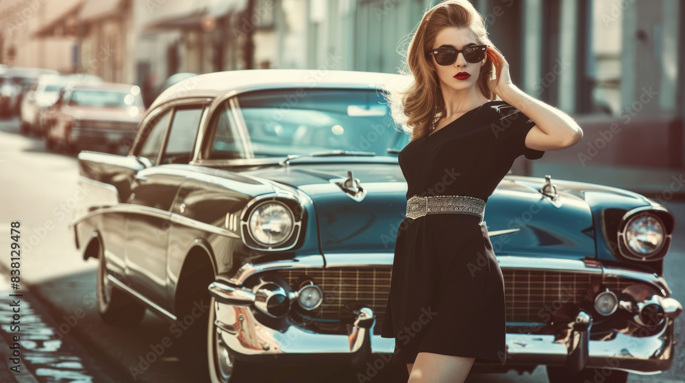 A woman in a black dress and sunglasses stands next to a vintage car in a city street