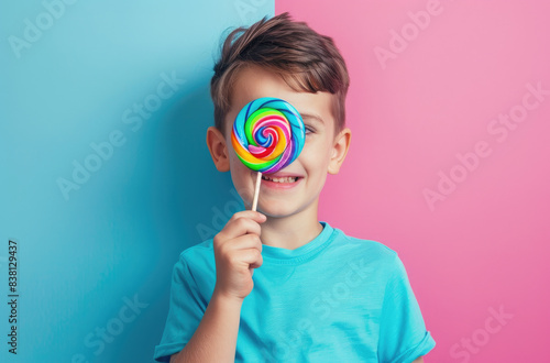 Little boy holding a lollipop in his hand and smiling, isolated on a blue background. © Kien